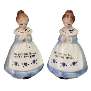 Vintage Calaco Imports Praying Ladies Salt Pepper Shakers Blue Dress 4.5" Japan